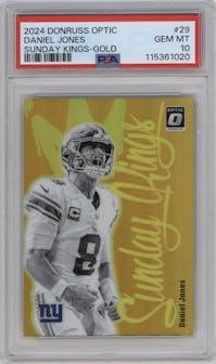 Daniel Jones from the 2024 Donruss Optic set featuring a Gold parallel graded by PSA and given an overall grade of 10.