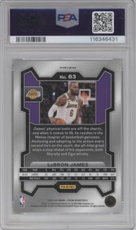 LeBron James from the 2023-24 Panini Prizm set featuring a King Snake parallel graded by PSA and given an overall grade of 10.
