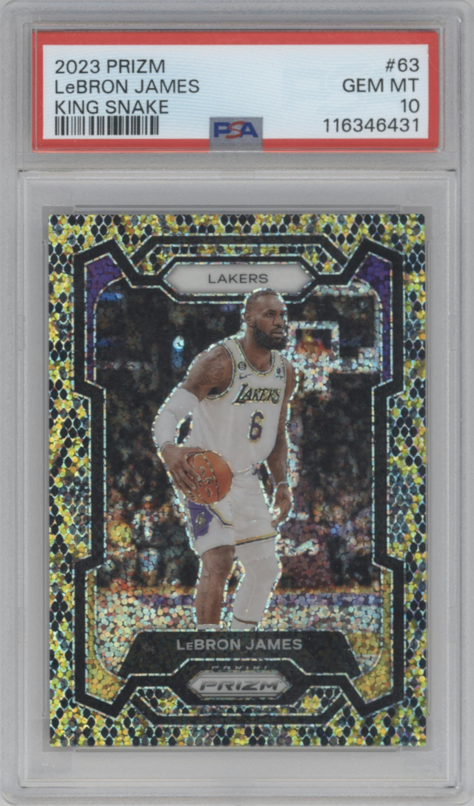 LeBron James from the 2023-24 Panini Prizm set featuring a King Snake parallel graded by PSA and given an overall grade of 10.