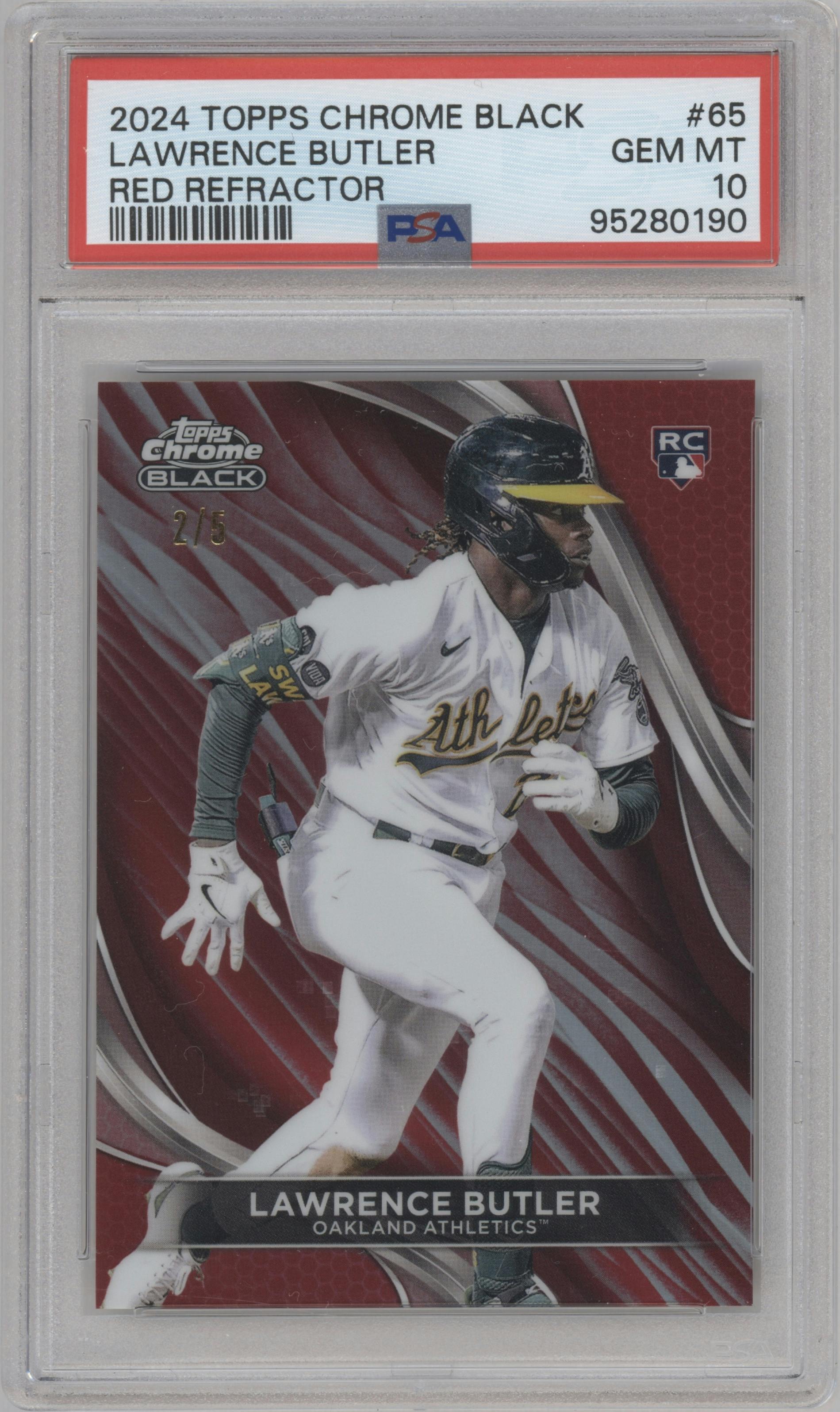 Lawrence Butler from the  2024 Topps Chrome Black set featuring a Red Refractor parallel graded by PSA and given an overall grade of 10.
