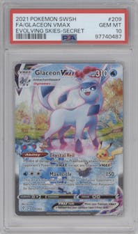 Glaceon VMAX from the 2021 Pokemon SWSH set graded by PSA and given an overall grade of 10.