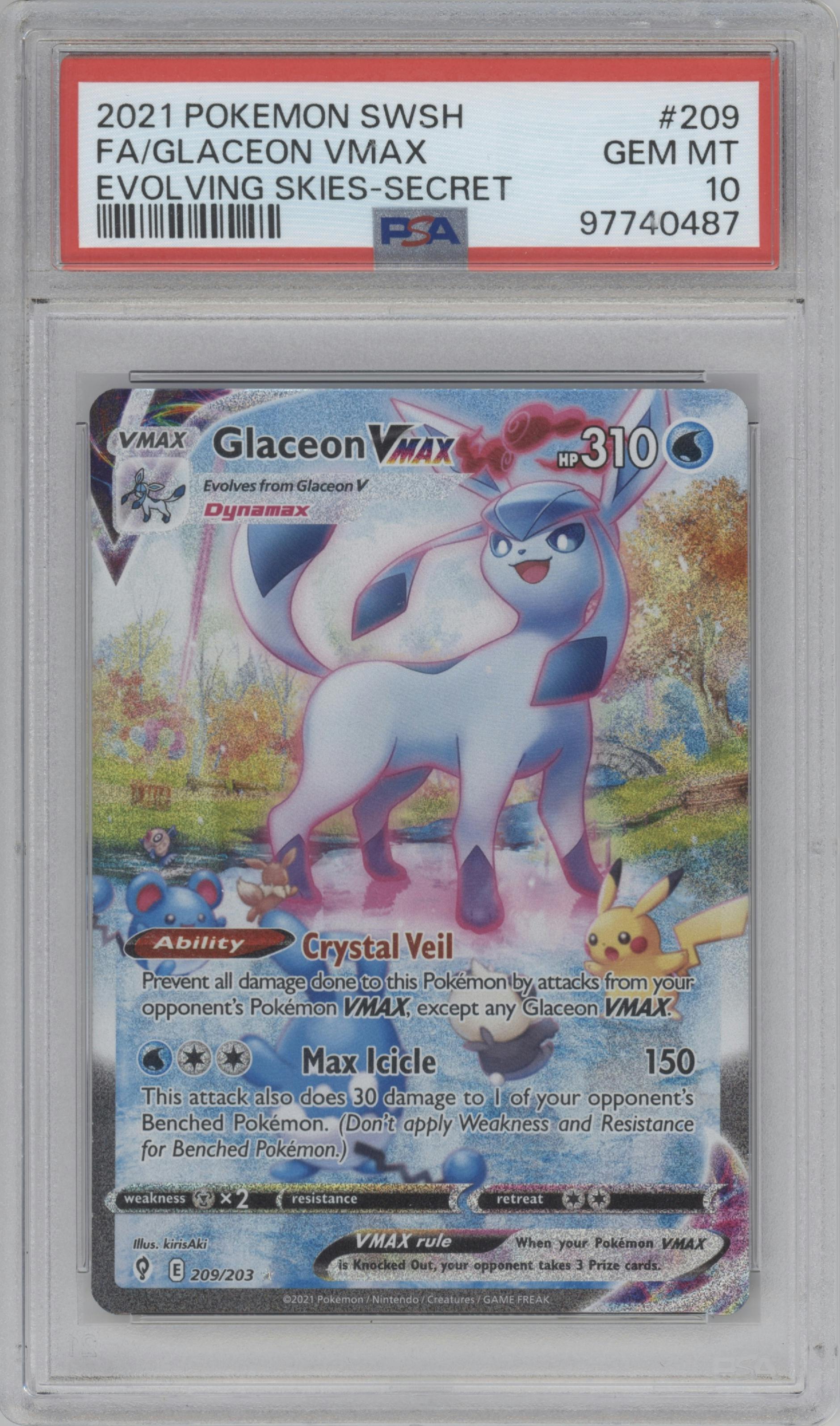 Glaceon VMAX from the 2021 Pokemon SWSH set graded by PSA and given an overall grade of 10.
