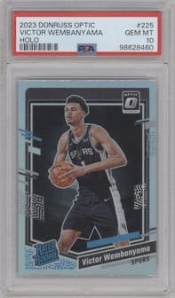 Victor Wembanyama from the 2023-24 Donruss Optic set featuring a Holo parallel graded by PSA and given an overall grade of 10.