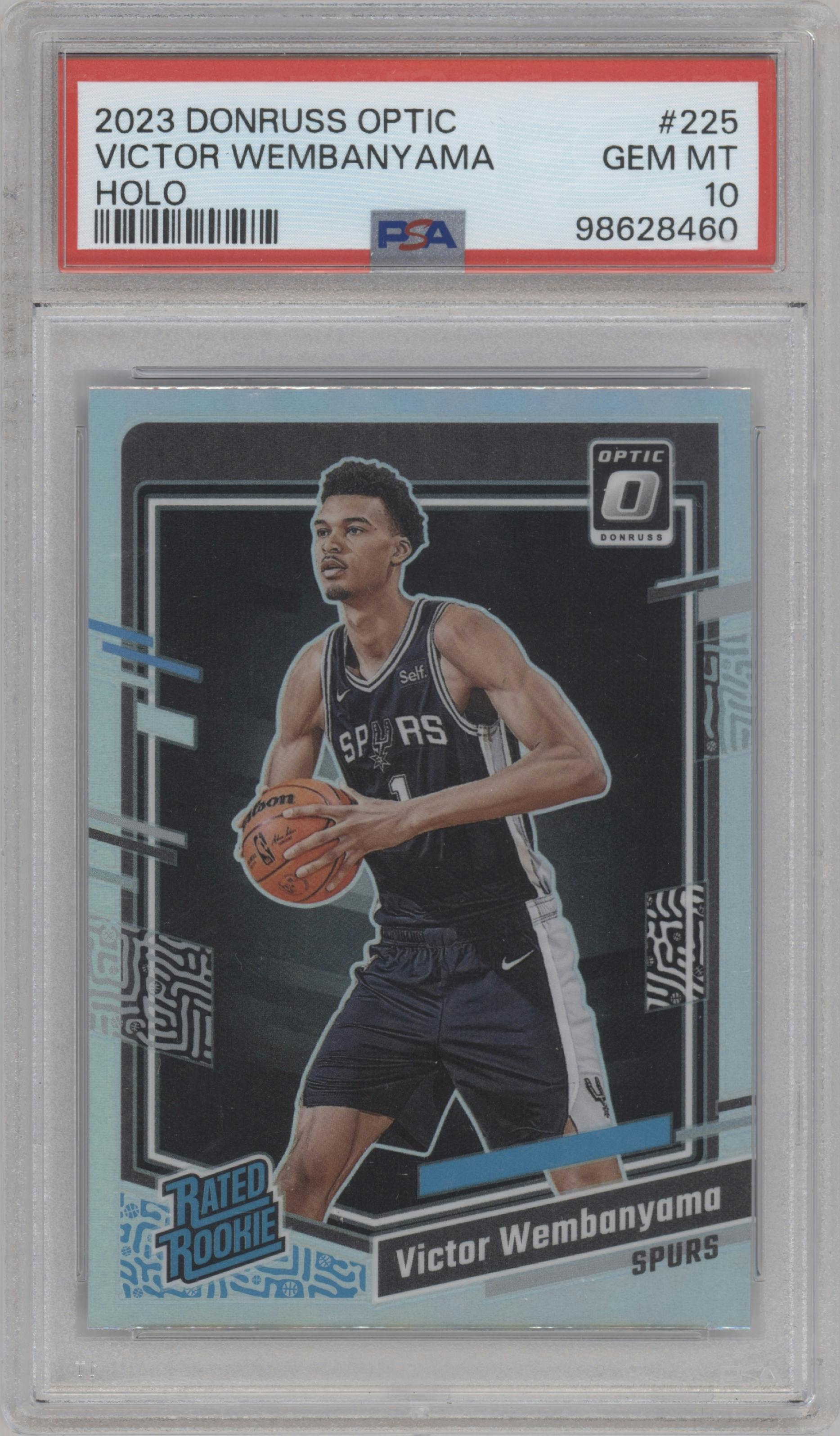 Victor Wembanyama from the 2023-24 Donruss Optic set featuring a Holo parallel graded by PSA and given an overall grade of 10.