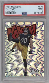 T.J. Watt from the 2021 Panini Absolute set graded by PSA and given an overall grade of 9.