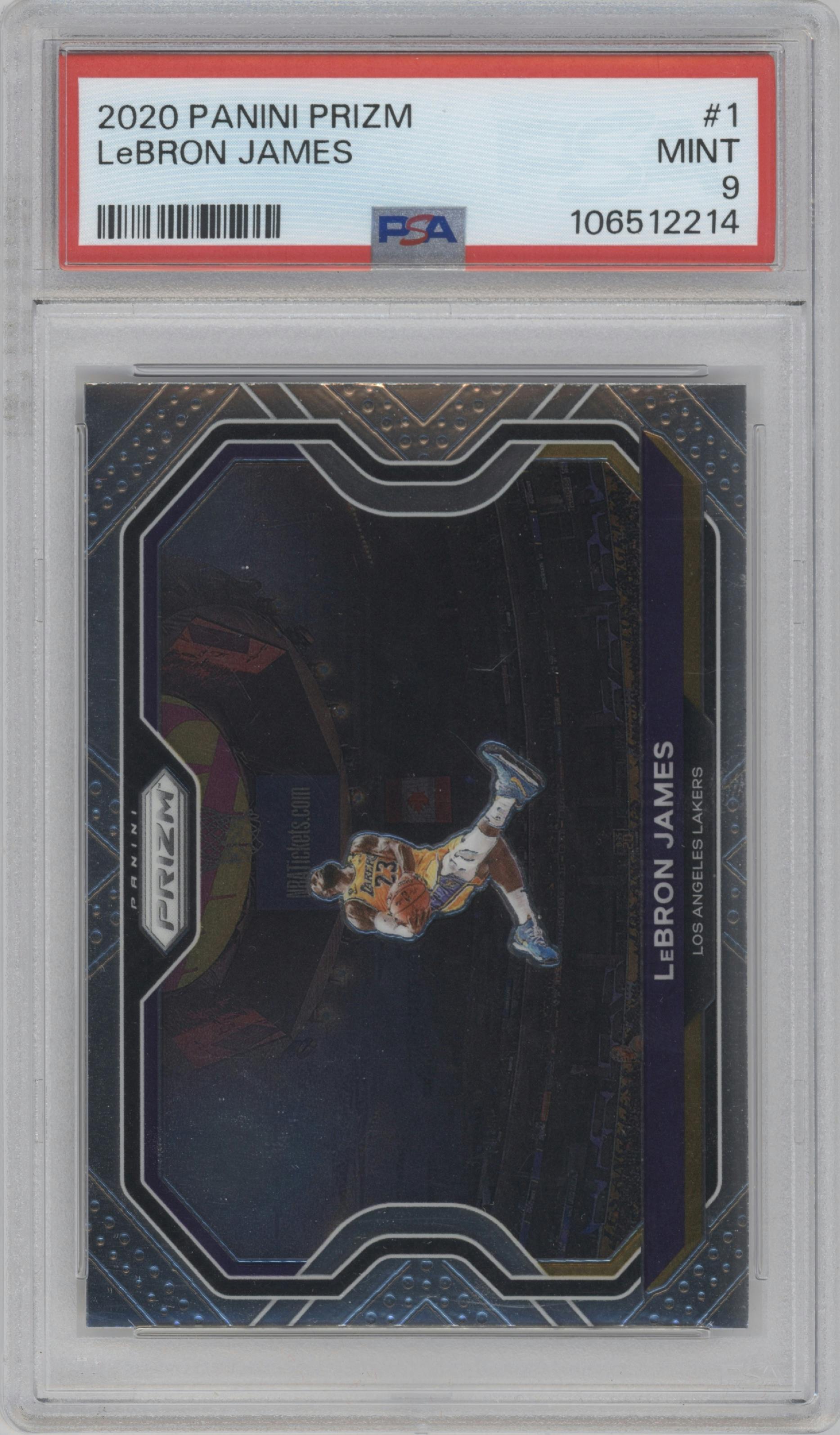 LeBron James from the 2020-21 Panini Prizm set graded by PSA and given an overall grade of 9.