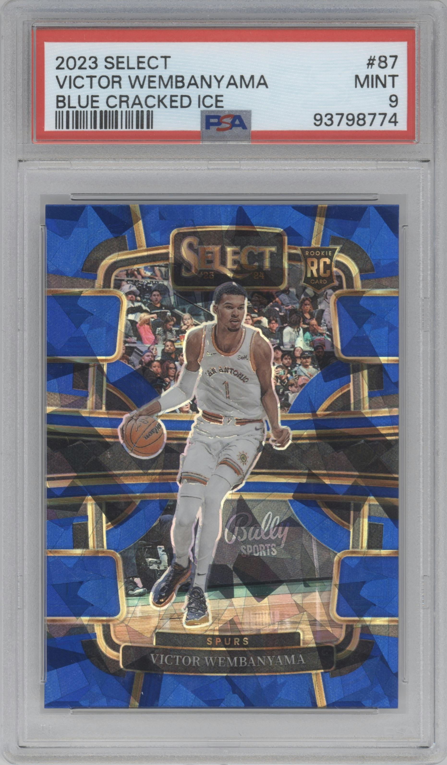 Victor Wembanyama from the 2023-24 Panini Select  set featuring a Blue Cracked Ice parallel graded by PSA and given an overall grade of 9.