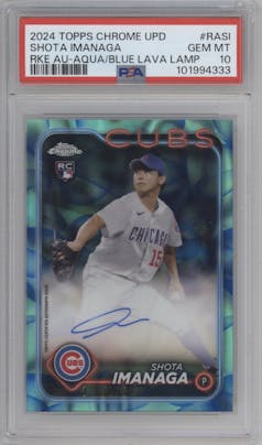 Shota Imanaga from the 2024 Topps Chrome Update set featuring a Lava Lamp Aqua / Blue Refractors parallel graded by PSA and given an overall grade of 10.