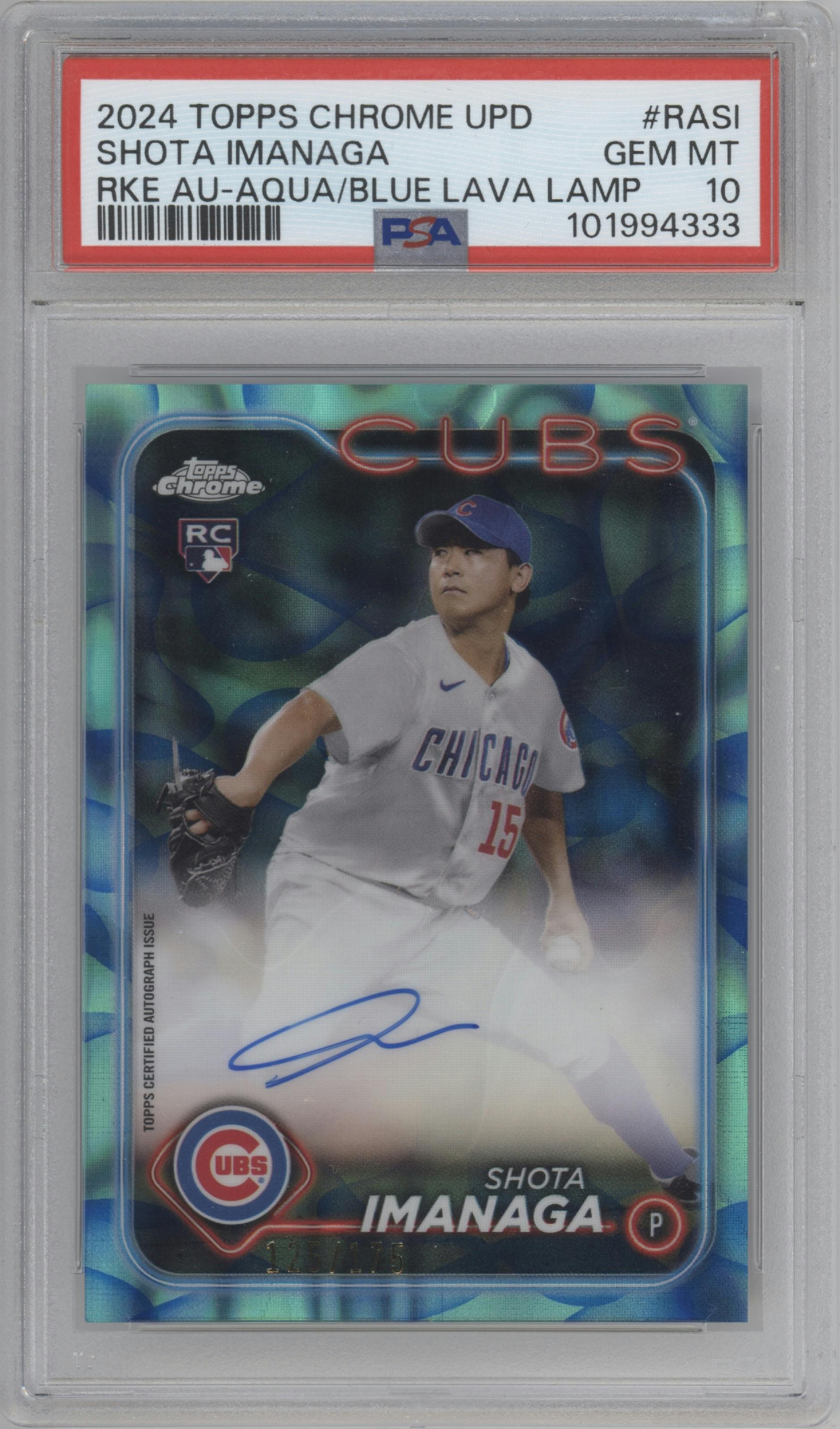 Shota Imanaga from the 2024 Topps Chrome Update set featuring a Lava Lamp Aqua / Blue Refractors parallel graded by PSA and given an overall grade of 10.