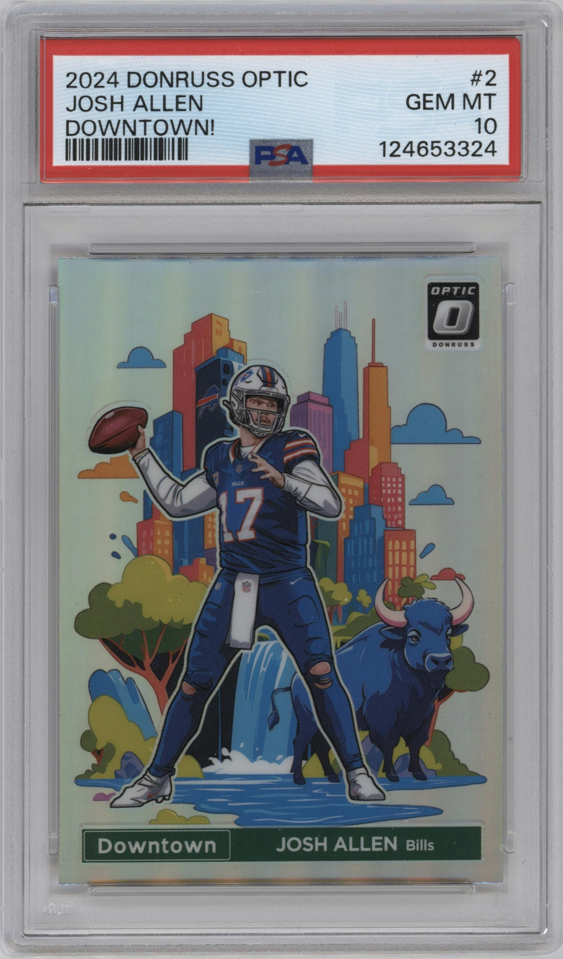 Josh Allen from the 2024 Donruss Optic set graded by PSA and given an overall grade of 10.