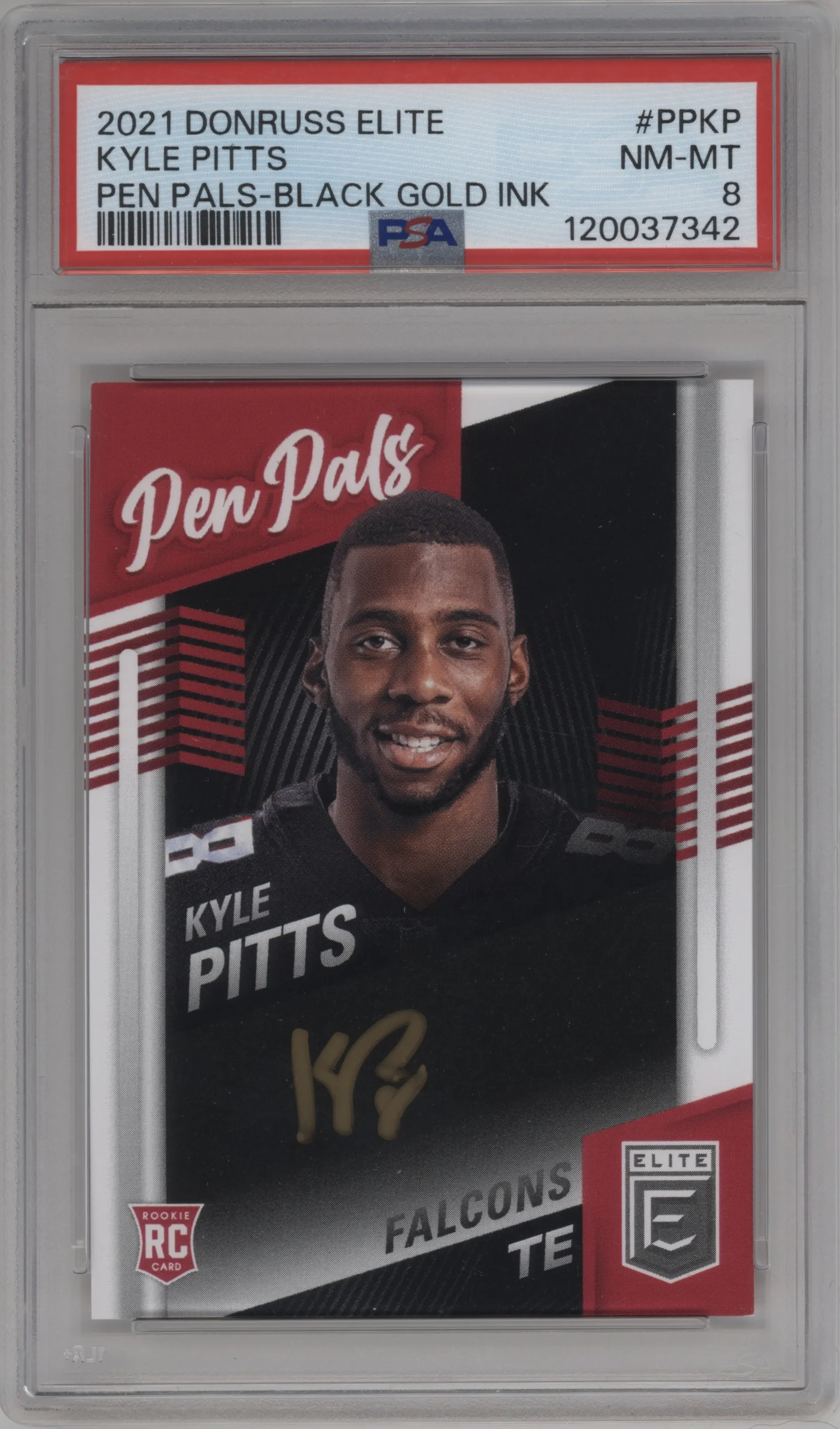 2021 Panini Donruss Elite Pen Pals Auto Kyle Pitts Black Gold Ink PSA 8
