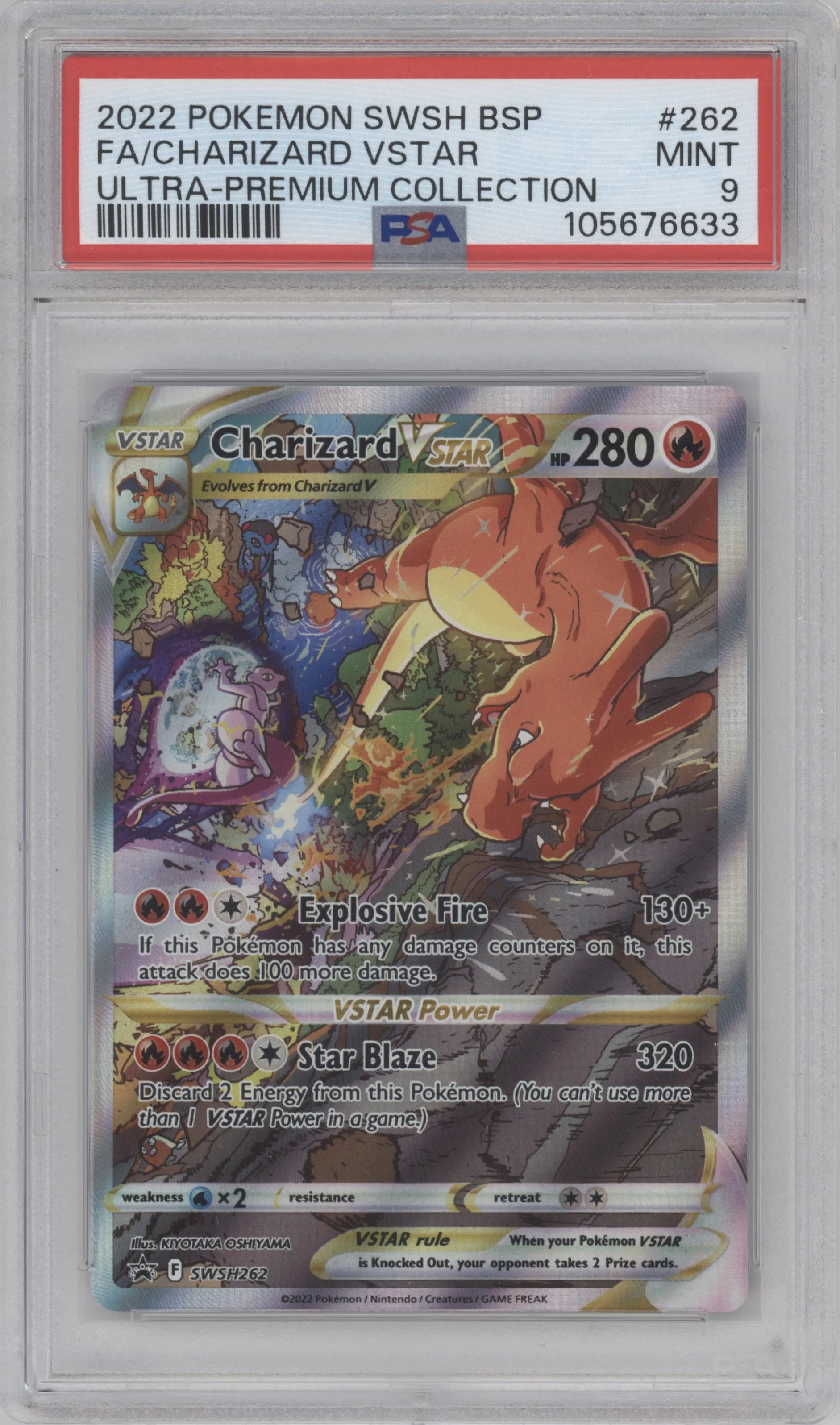 Charizard VSTAR from the 2022 Pokemon SWSH set featuring a Ultra Premium Collection parallel graded by PSA and given an overall grade of 9.