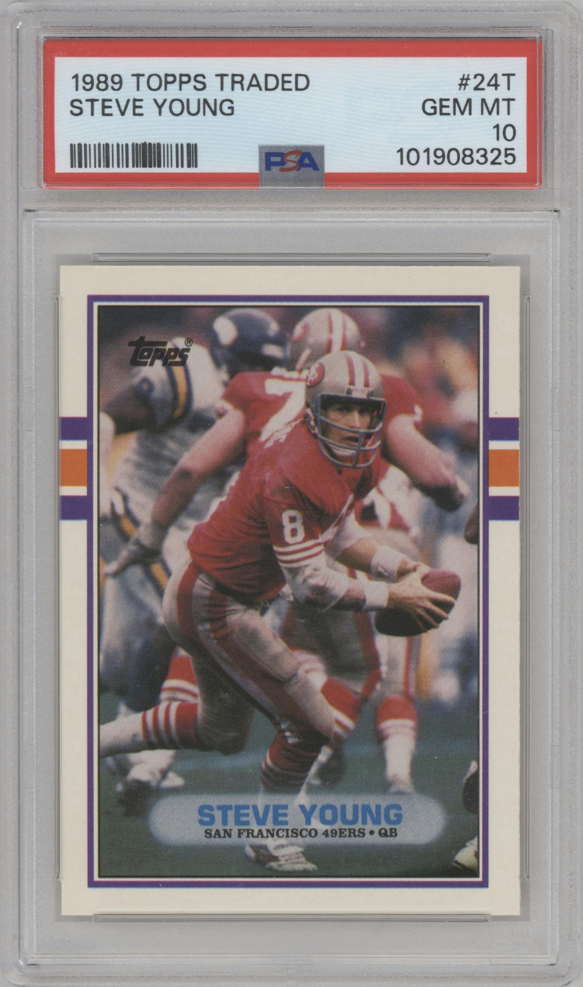 Steve Young from the 1989 Topps Traded set graded by PSA and given an overall grade of 10.
