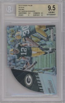 Aaron Rodgers from the 2015 Panini Prizm set featuring a Prizm parallel graded by Beckett and given an overall grade of 9.5.