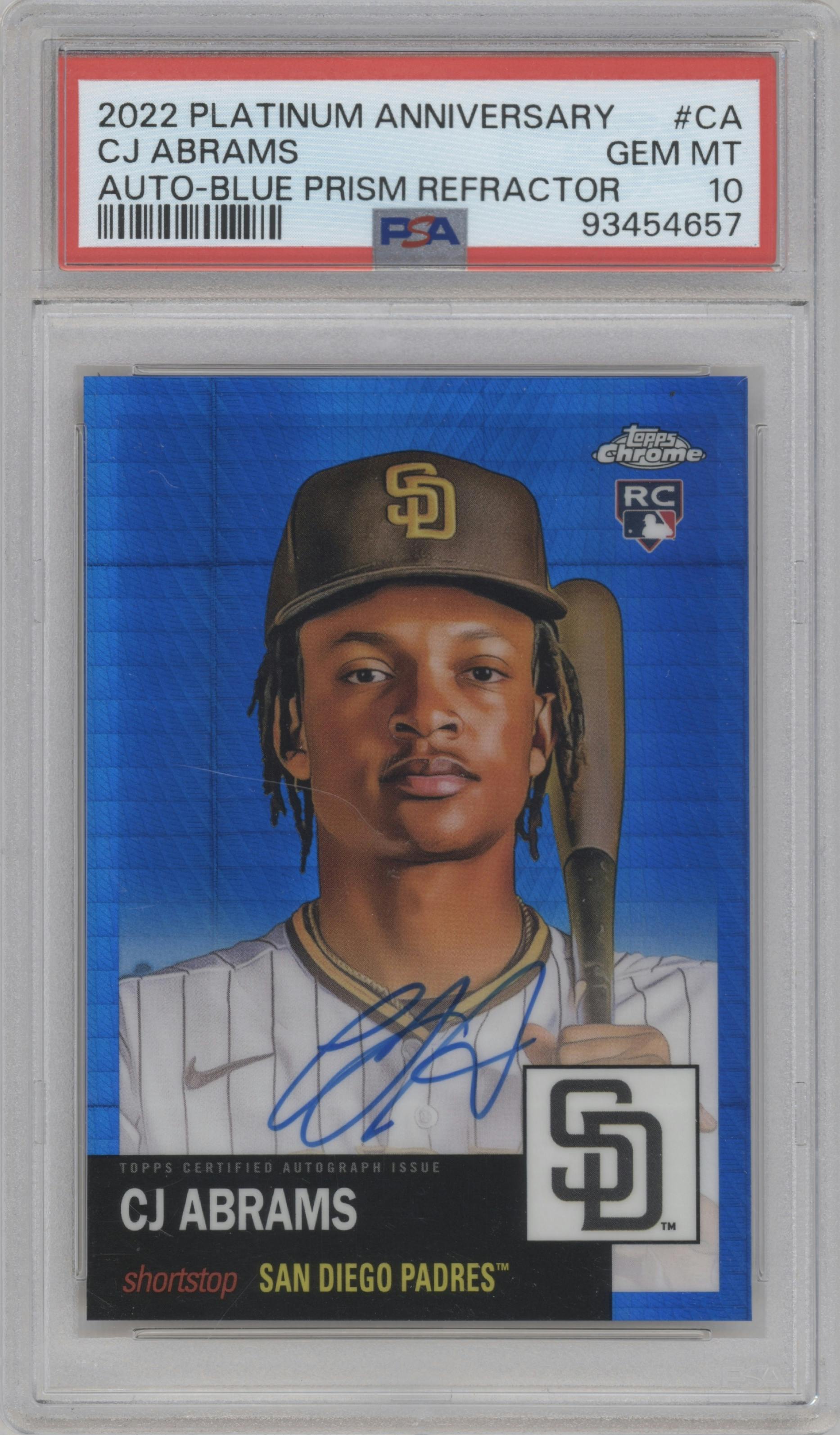 CJ Abrams  from the 2022 Topps Chrome Platinum Anniversary set featuring a Blue Prism parallel graded by PSA and given an overall grade of 10.