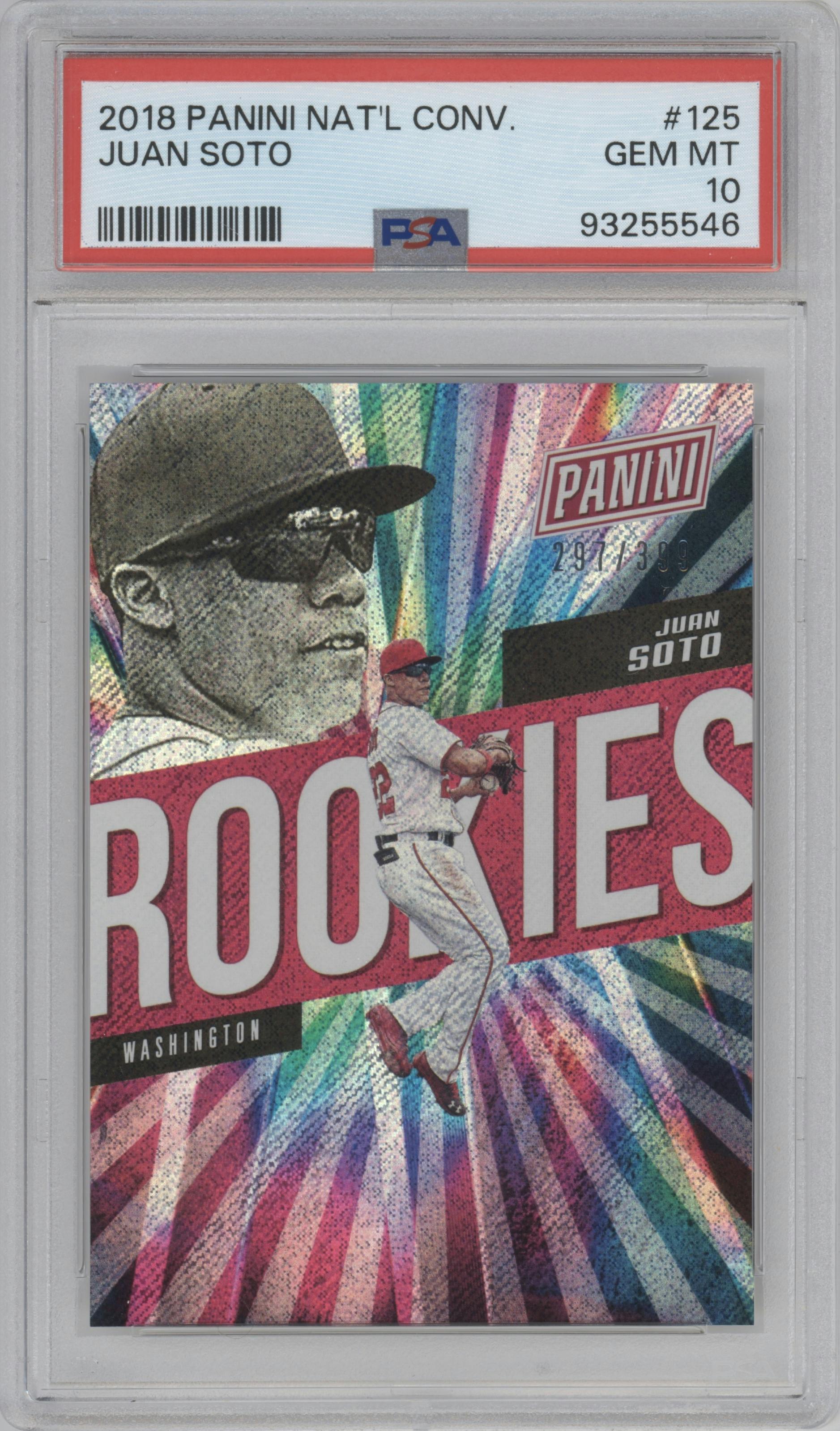 Juan Soto from the 2018 Panini National Convention set graded by PSA and given an overall grade of 10.