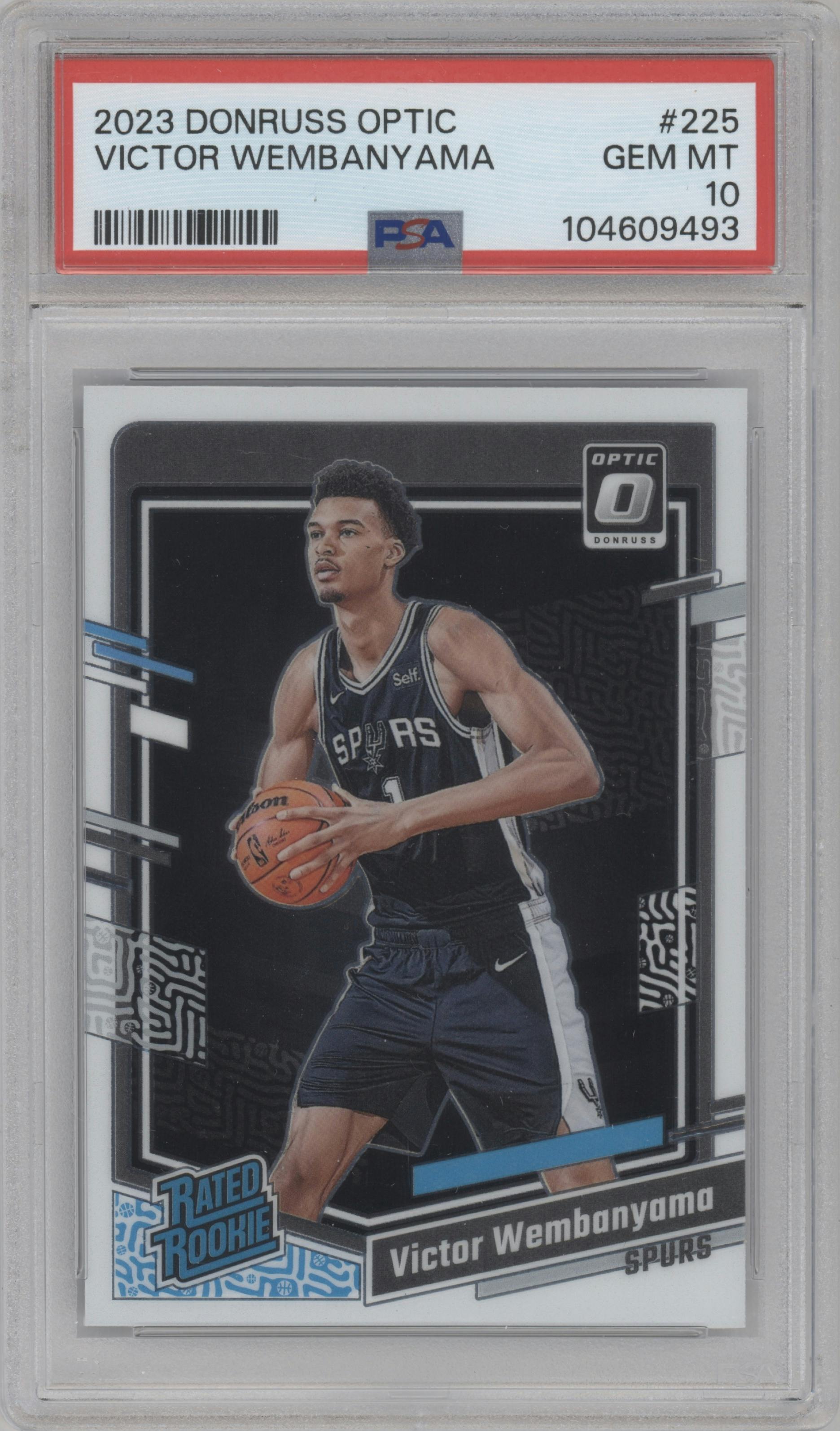 Victor Wembanyama from the 2023-24 Donruss Optic set graded by PSA and given an overall grade of 10.
