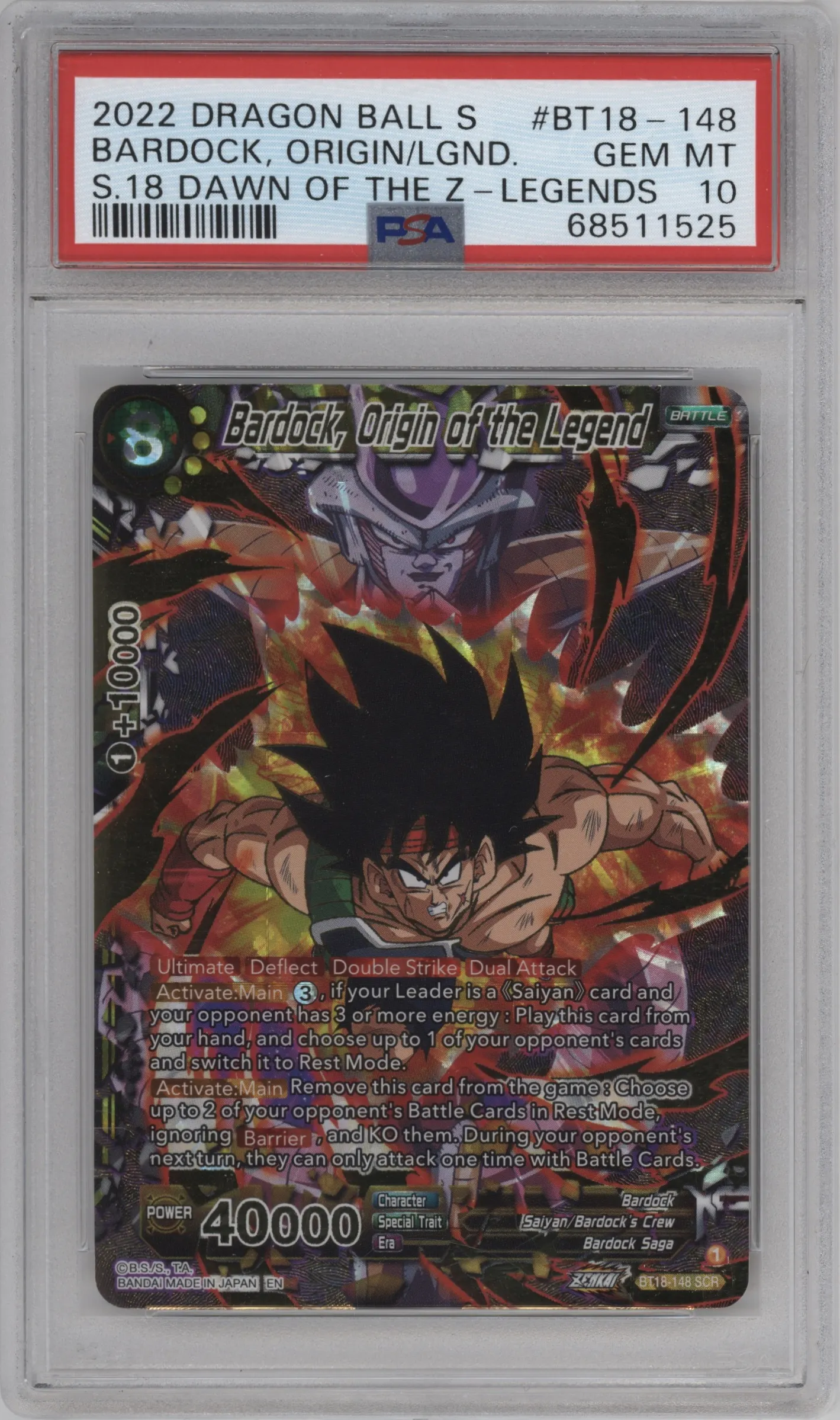2022 Dragon Ball S Dawn of The Z-Legends Bardock, Origin of the Legend SCR #BT18-148 SCR PSA 10