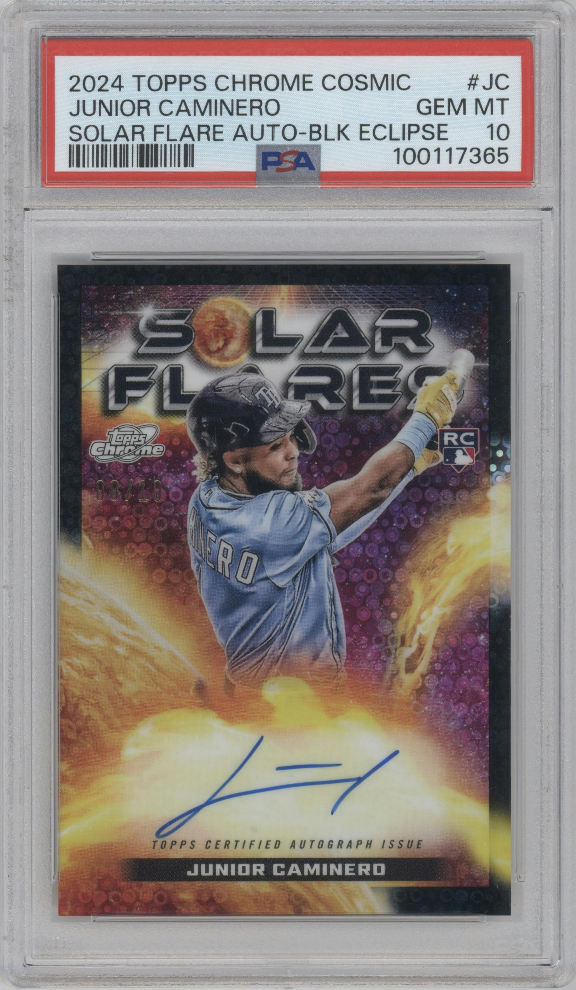 Junior Caminero from the 2024 Topps Cosmic Chrome set featuring a Black Eclipse Refractor parallel graded by PSA and given an overall grade of 10.