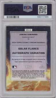Junior Caminero from the 2024 Topps Cosmic Chrome set featuring a Black Eclipse Refractor parallel graded by PSA and given an overall grade of 10.