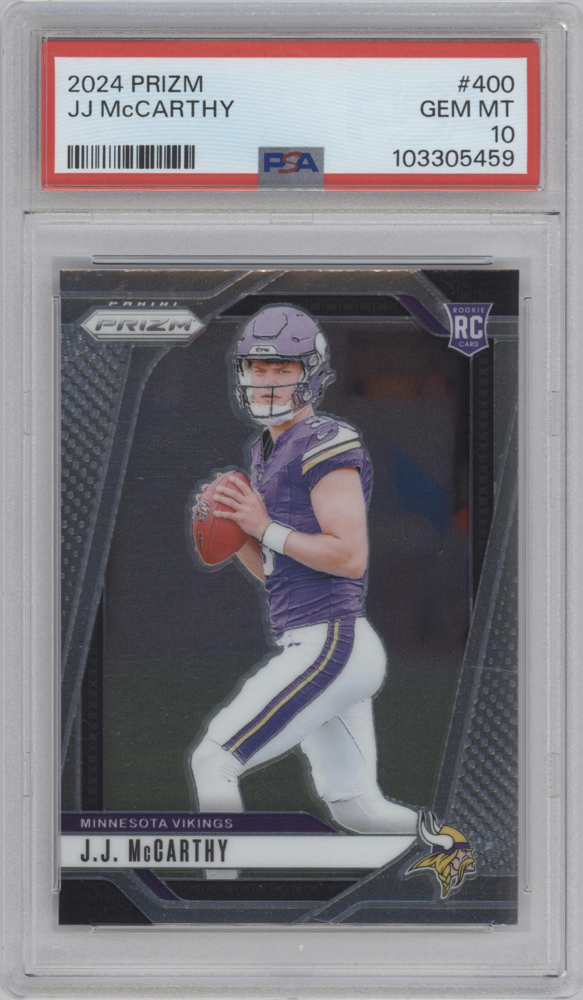 J.J. McCarthy from the 2024 Panini Prizm set graded by PSA and given an overall grade of 10.