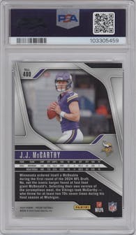 J.J. McCarthy from the 2024 Panini Prizm set graded by PSA and given an overall grade of 10.