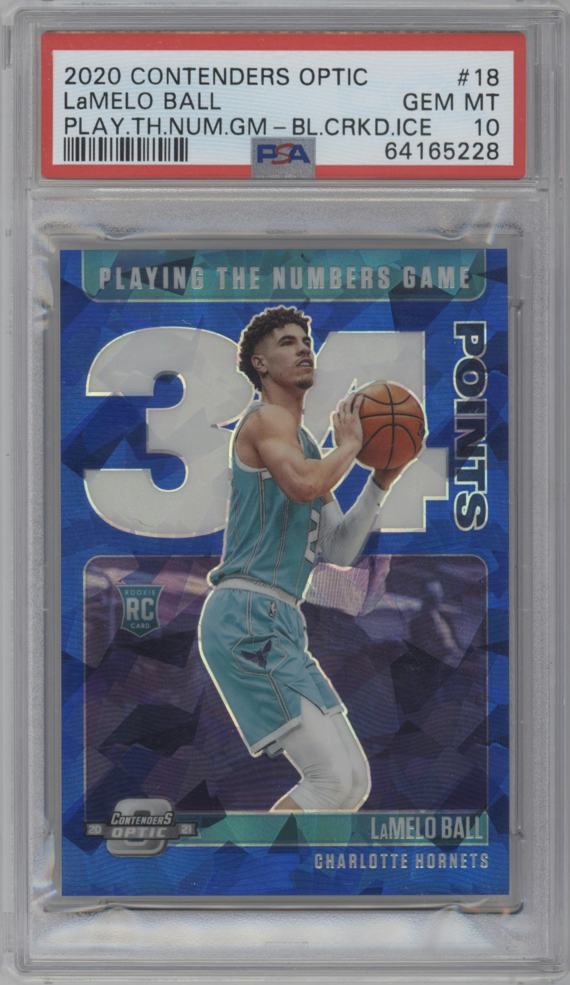 LaMelo Ball from the 2020-21 Panini Contenders Optic set featuring a Blue Cracked Ice parallel graded by PSA and given an overall grade of 10.