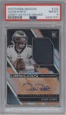 Jalen Hurts from the 2020 Panini Obsidian set featuring a Electric Etch Orange parallel graded by PSA and given an overall grade of 8.