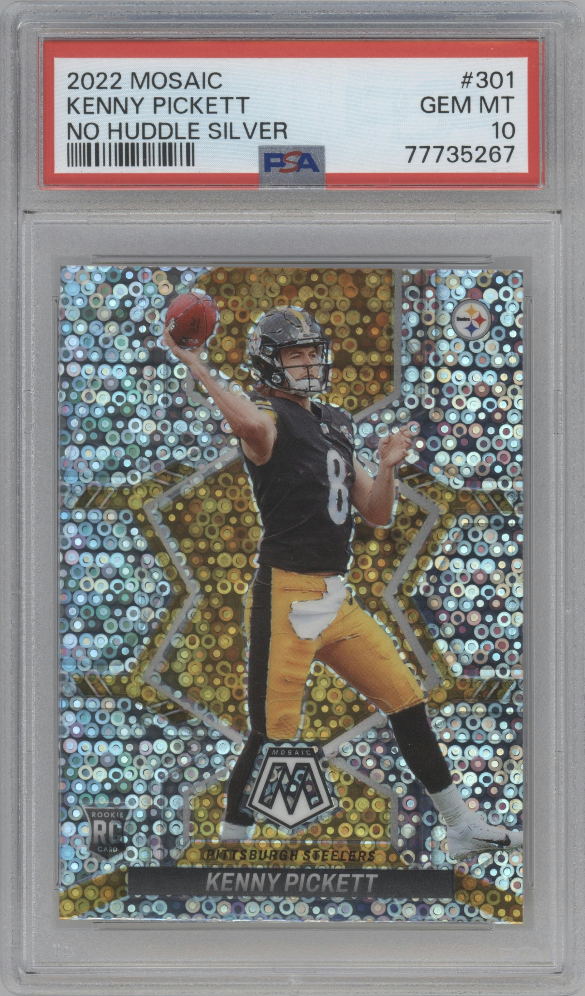 Kenny Pickett from the 2022 Panini Mosaic set featuring a No Huddle Silver parallel graded by PSA and given an overall grade of 10.