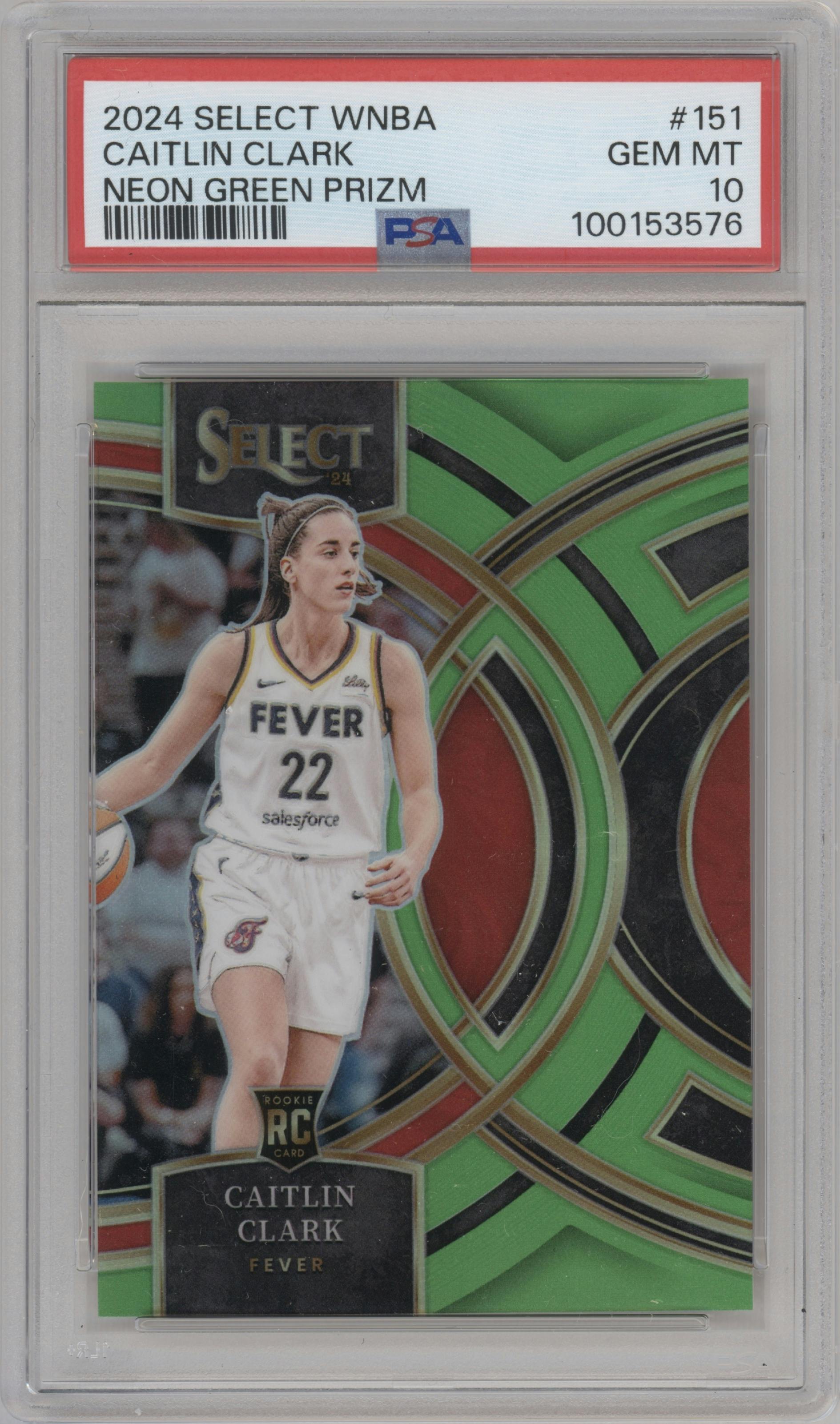 Caitlin Clark from the 2024 Panini Select WNBA set featuring a Neon Green Prizm parallel graded by PSA and given an overall grade of 10.