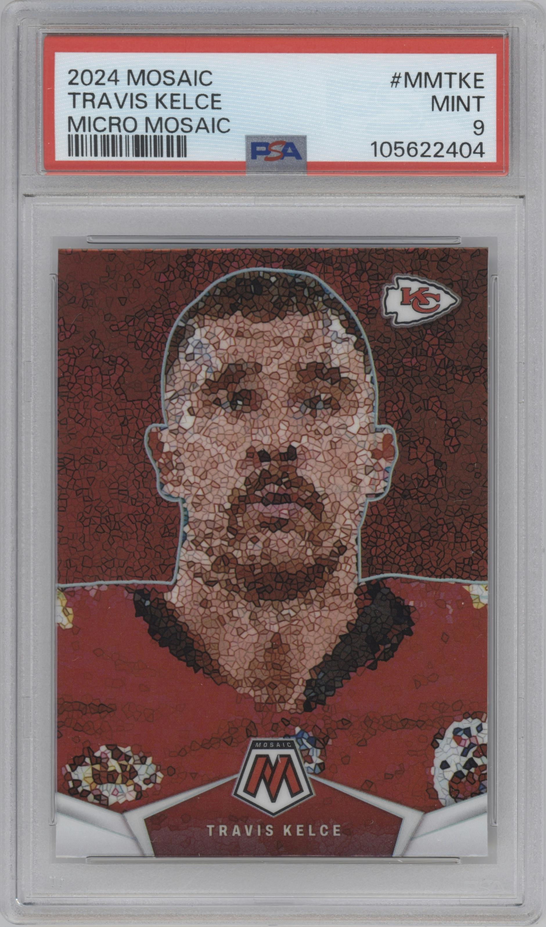 Travis Kelce	 from the 2024 Panini Mosaic set graded by PSA and given an overall grade of 9.