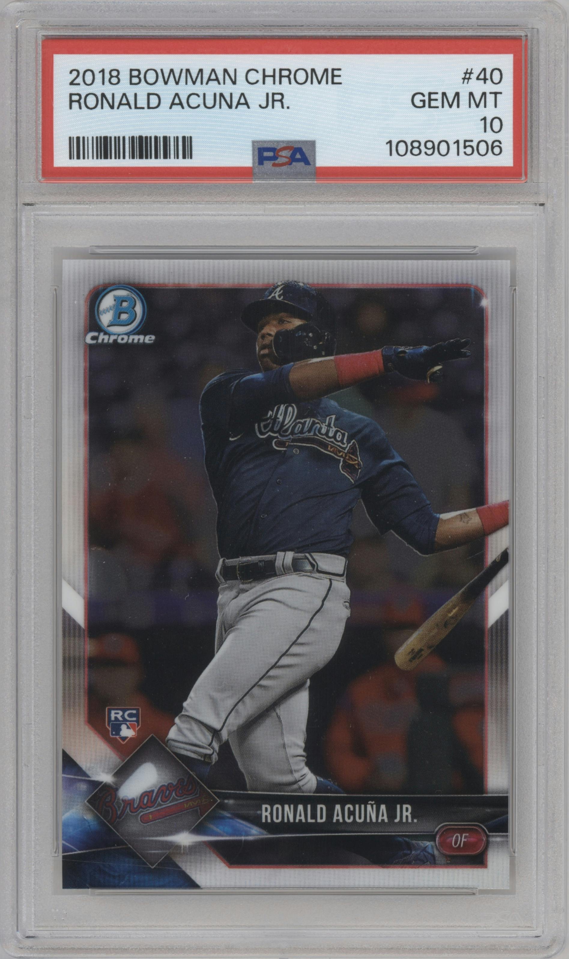 Ronald Acuna Jr. from the 2018 Bowman Chrome set graded by PSA and given an overall grade of 10.