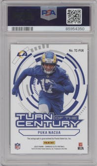 Puka Nacua  from the 2023 Panini Donruss Elite set featuring a Orange parallel graded by PSA and given an overall grade of 10.