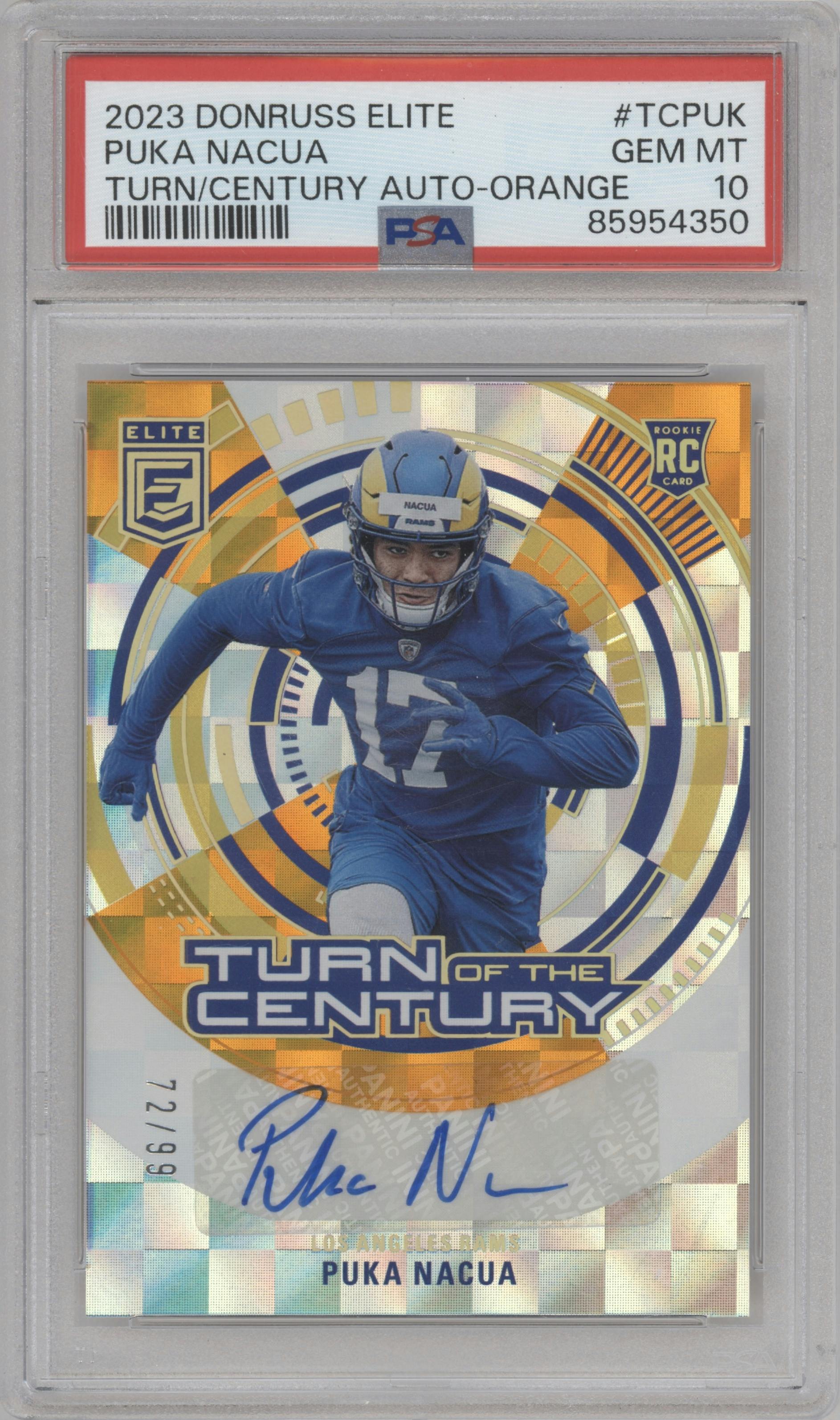Puka Nacua  from the 2023 Panini Donruss Elite set featuring a Orange parallel graded by PSA and given an overall grade of 10.