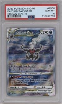 Darkrai VSTAR from the 2023 Pokemon SWSH set graded by PSA and given an overall grade of 10.