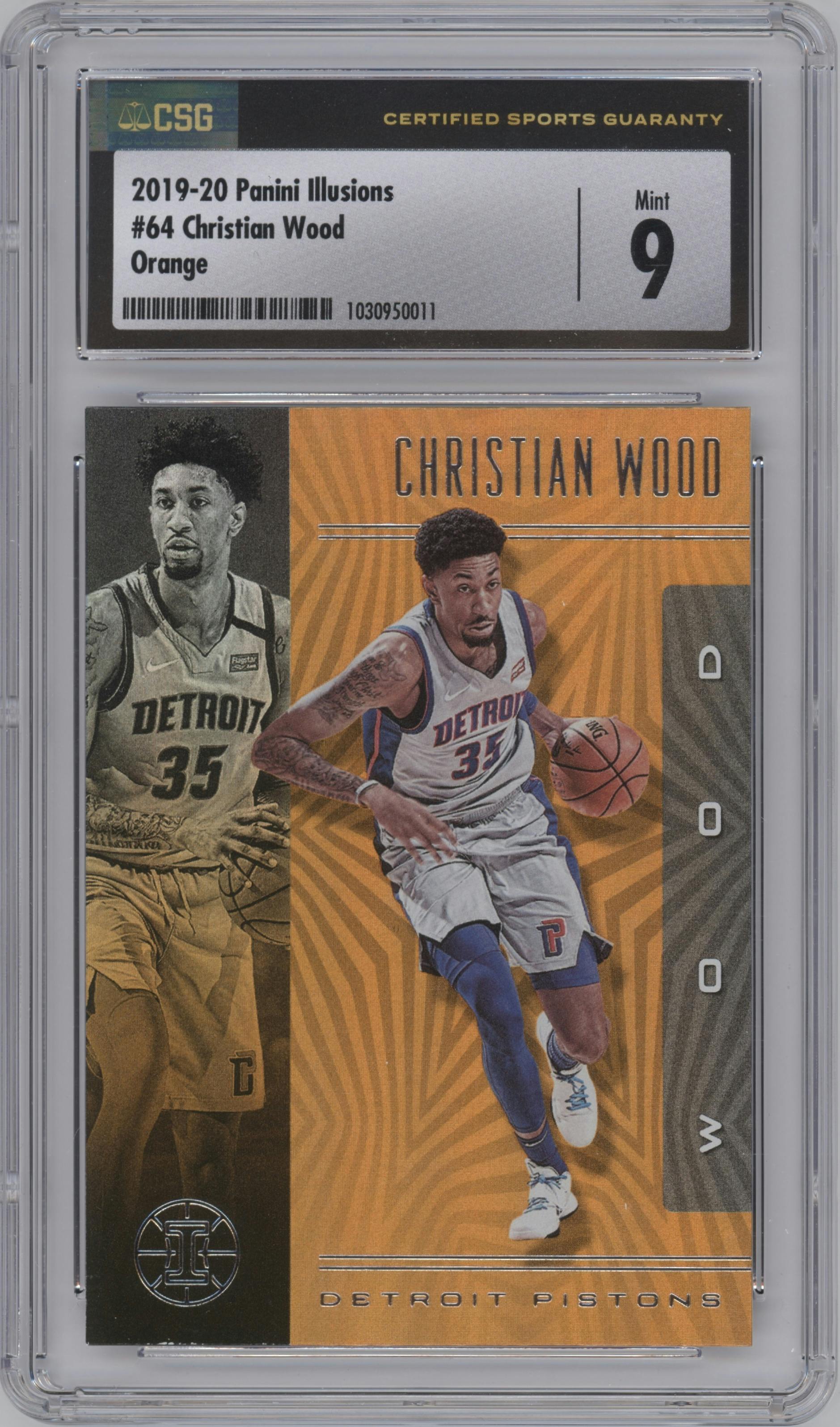 Christian Wood from the 2019-20 Panini Illusions set featuring a Trophy Collection Orange parallel graded by CSG and given an overall grade of 9.