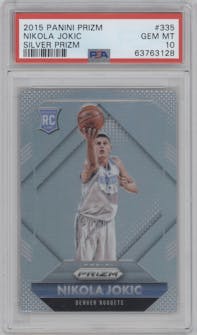 Nikola Jokic from the 2015-16 Panini Prizm  set featuring a Silver Prizm parallel graded by PSA and given an overall grade of 10.