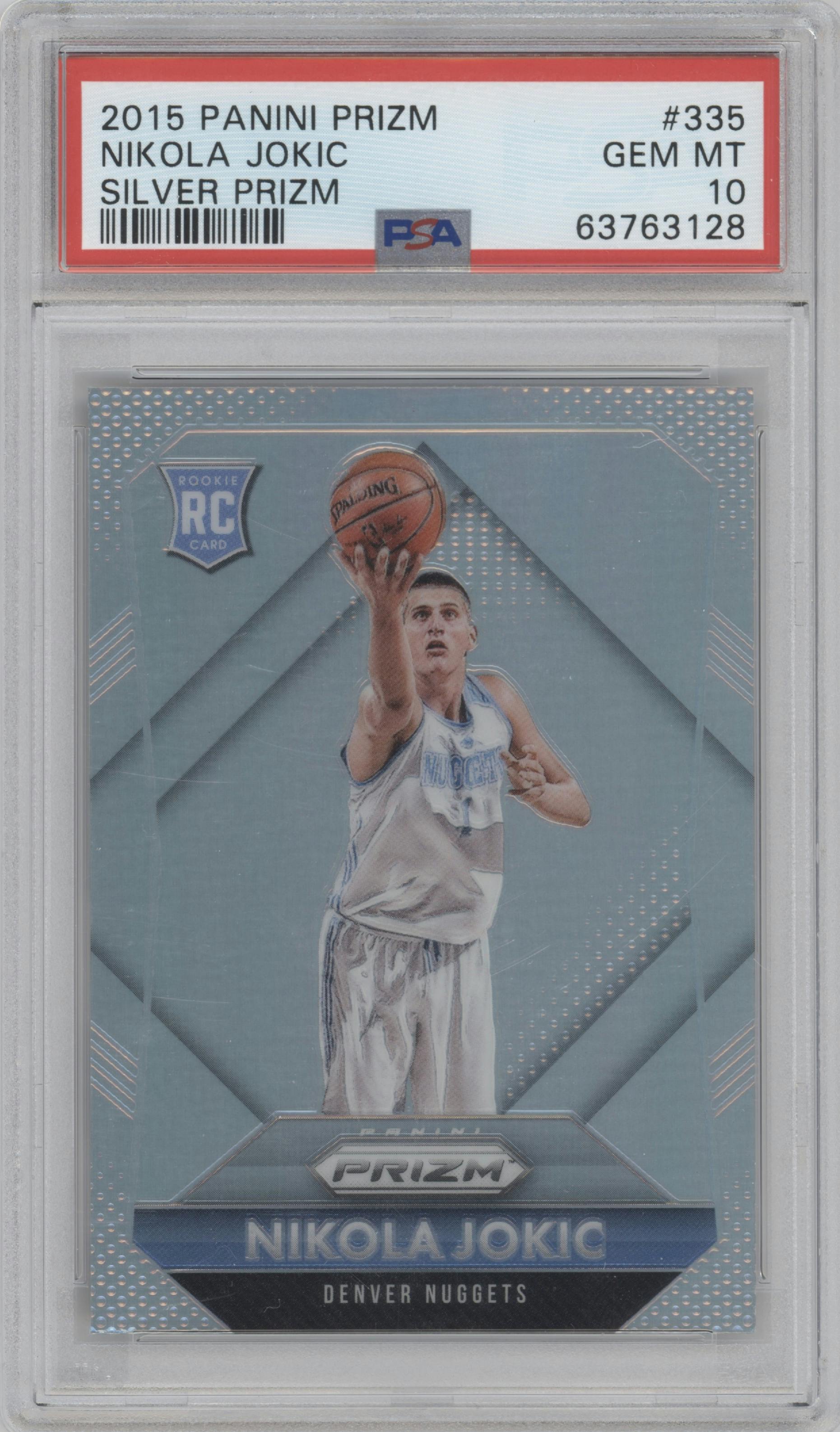 Nikola Jokic from the 2015-16 Panini Prizm  set featuring a Silver Prizm parallel graded by PSA and given an overall grade of 10.