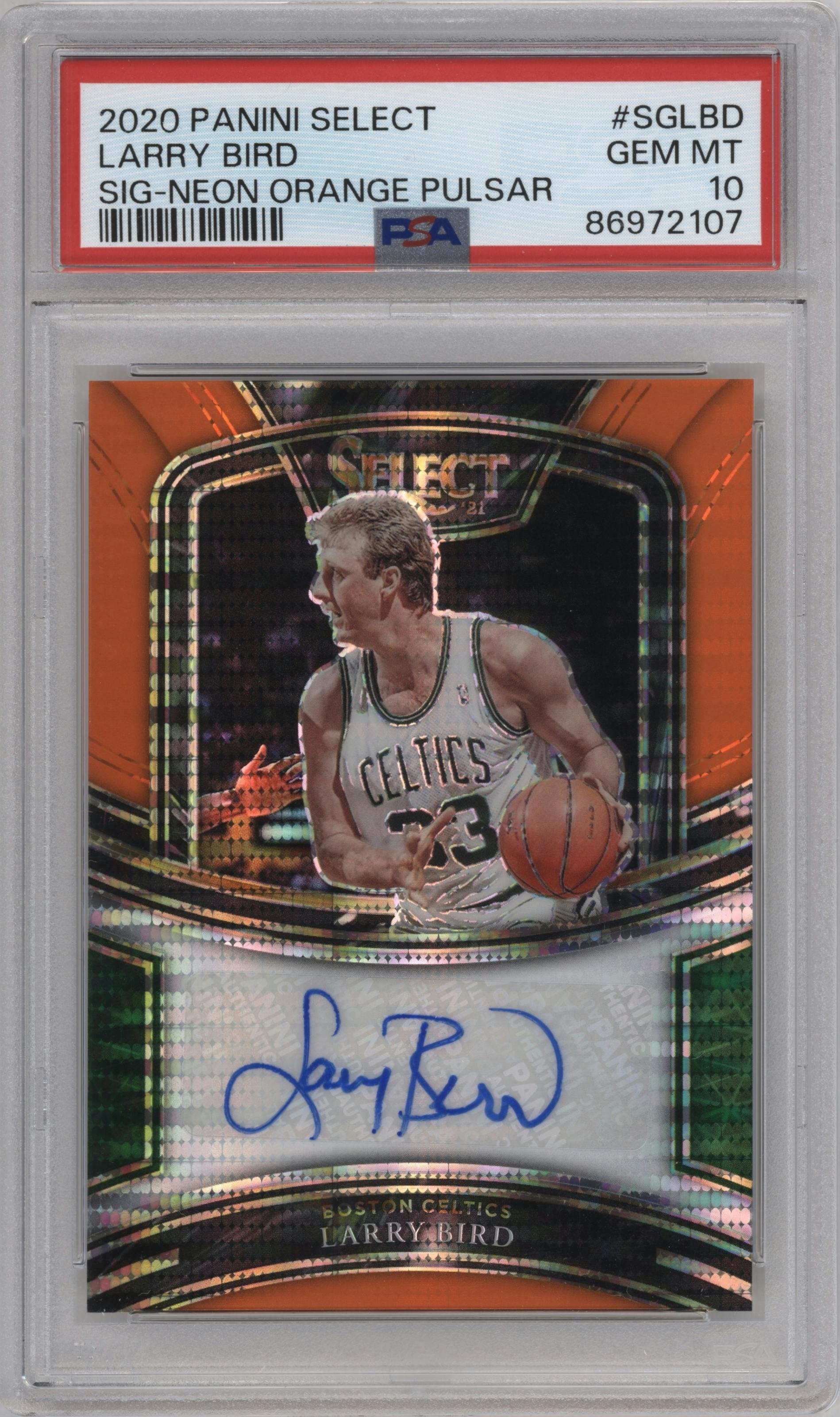 Larry Bird from the 2020-21 Panini Select  set featuring a Neon Orange Pulsar Prizms FOTL parallel graded by PSA and given an overall grade of 10.