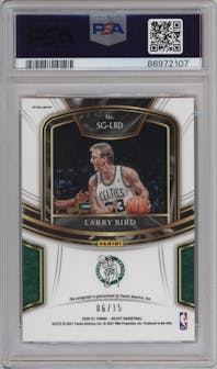 Larry Bird from the 2020-21 Panini Select  set featuring a Neon Orange Pulsar Prizms FOTL parallel graded by PSA and given an overall grade of 10.