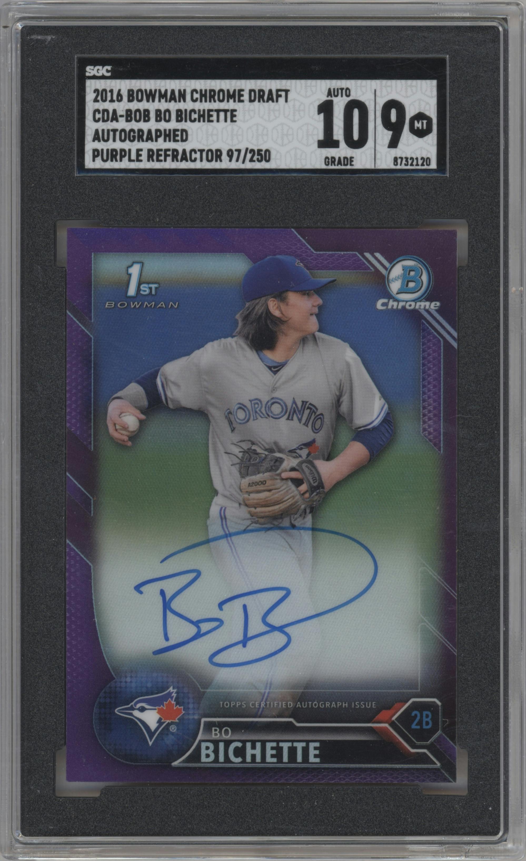 Bo Bichette from the 2016 Bowman Draft set featuring a Purple Refractor parallel graded by SGC and given an overall grade of 9.