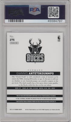 Giannis Antetokounmpo from the 2013-14 Panini NBA Hoops set featuring a Gold parallel graded by PSA and given an overall grade of 9.
