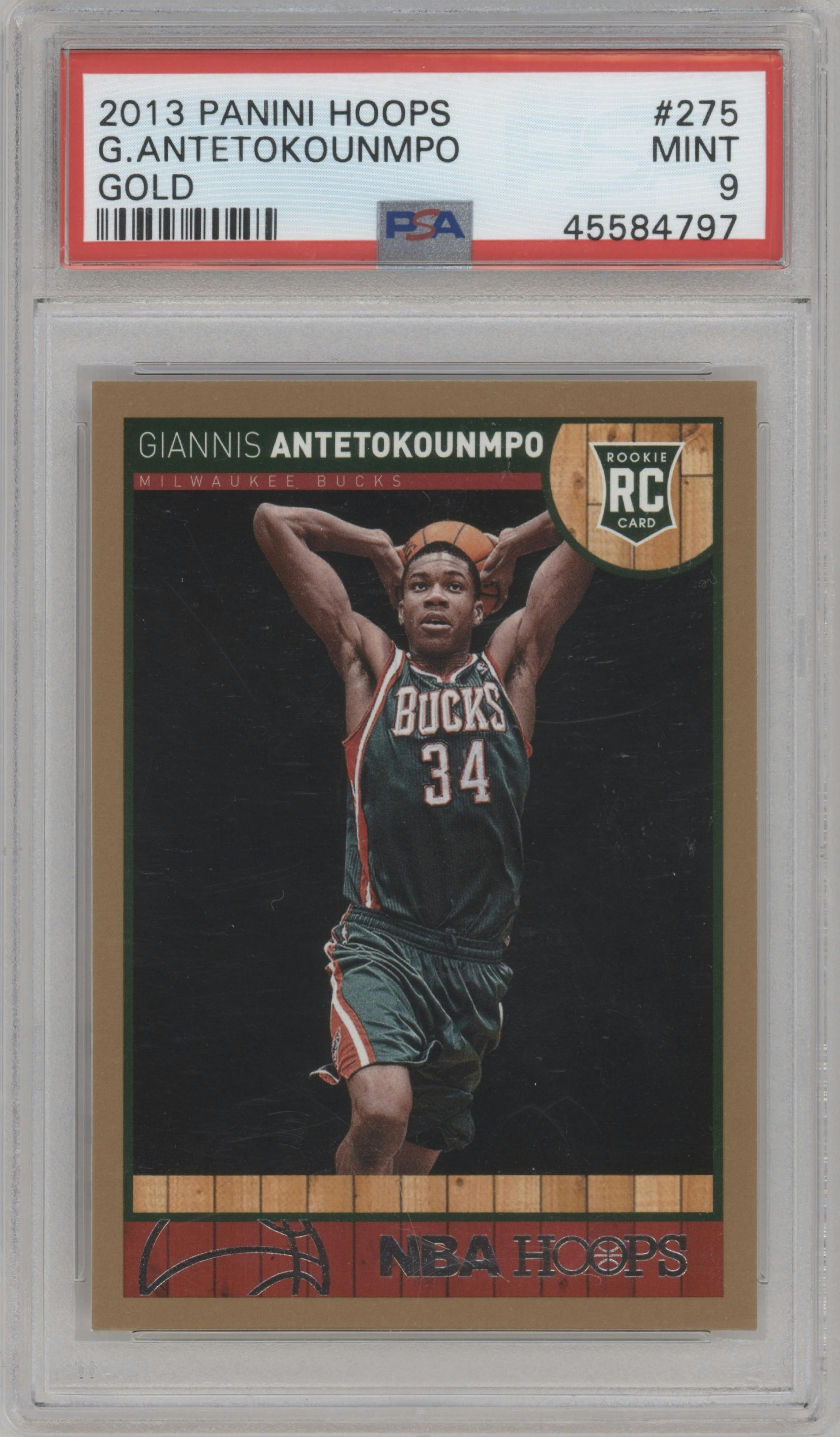 Giannis Antetokounmpo from the 2013-14 Panini NBA Hoops set featuring a Gold parallel graded by PSA and given an overall grade of 9.