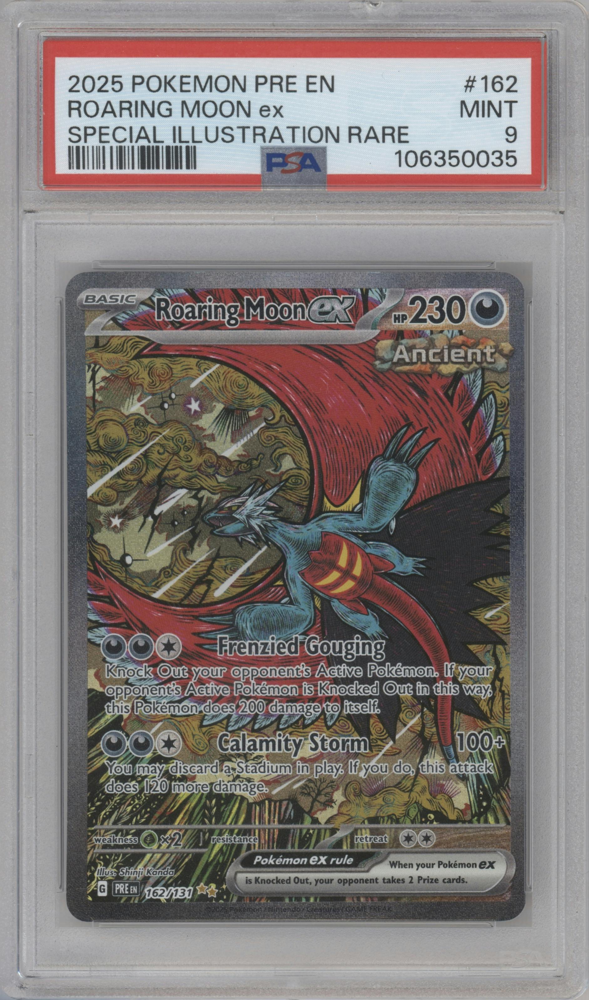 Roaring Moon ex from the 2025 Pokemon SV set graded by PSA and given an overall grade of 9.