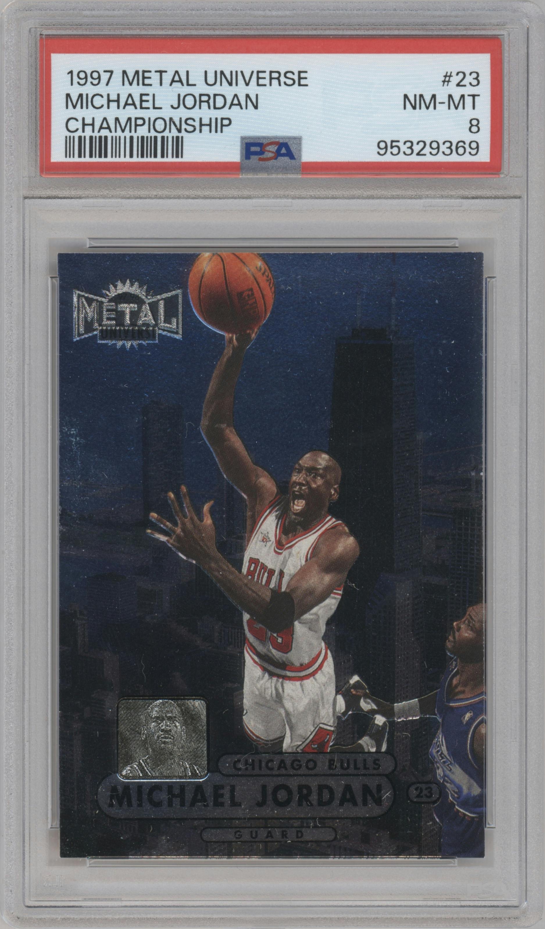 Michael Jordan from the 1997-98 Metal Universe Championship set graded by PSA and given an overall grade of 8.