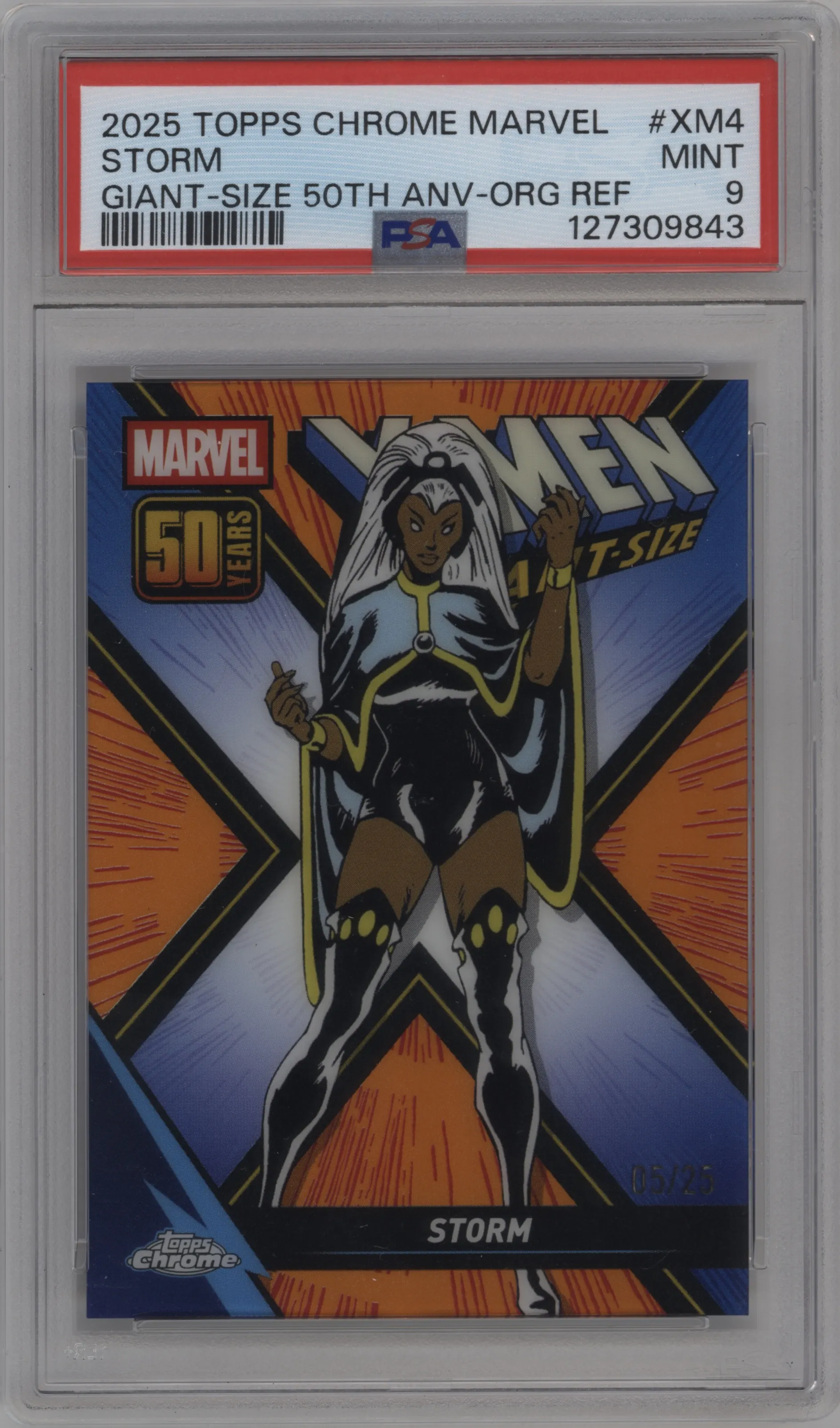 2025 Topps Chrome Marvel Giant Size 50th Anniv. Storm Orange Refractor #XM-4 PSA 9