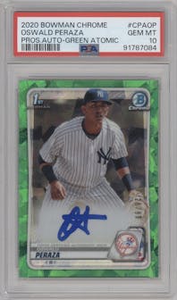 Oswald Peraza from the 2020 Bowman Chrome set featuring a Atomic Green Refractor parallel graded by PSA and given an overall grade of 10.
