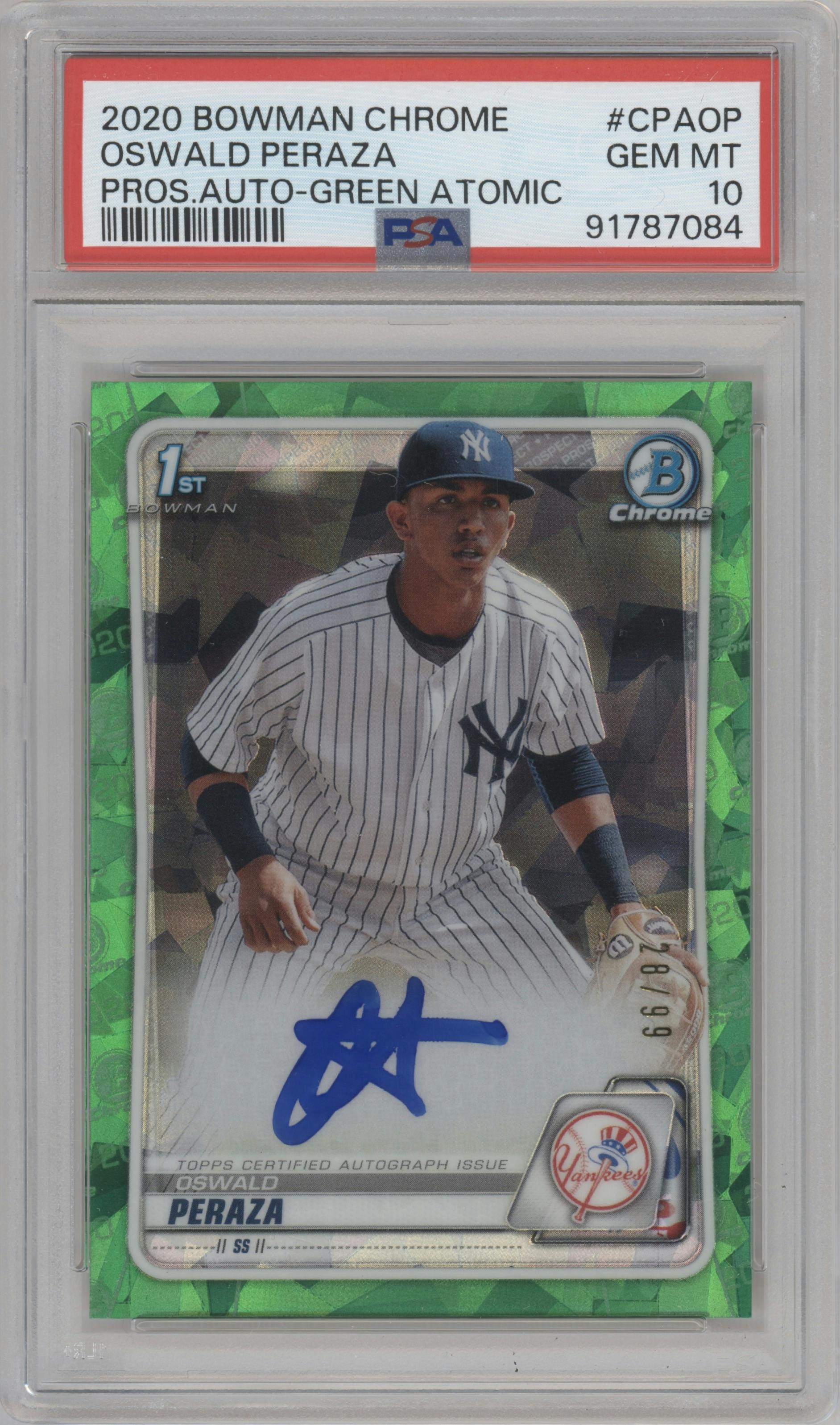 Oswald Peraza from the 2020 Bowman Chrome set featuring a Atomic Green Refractor parallel graded by PSA and given an overall grade of 10.