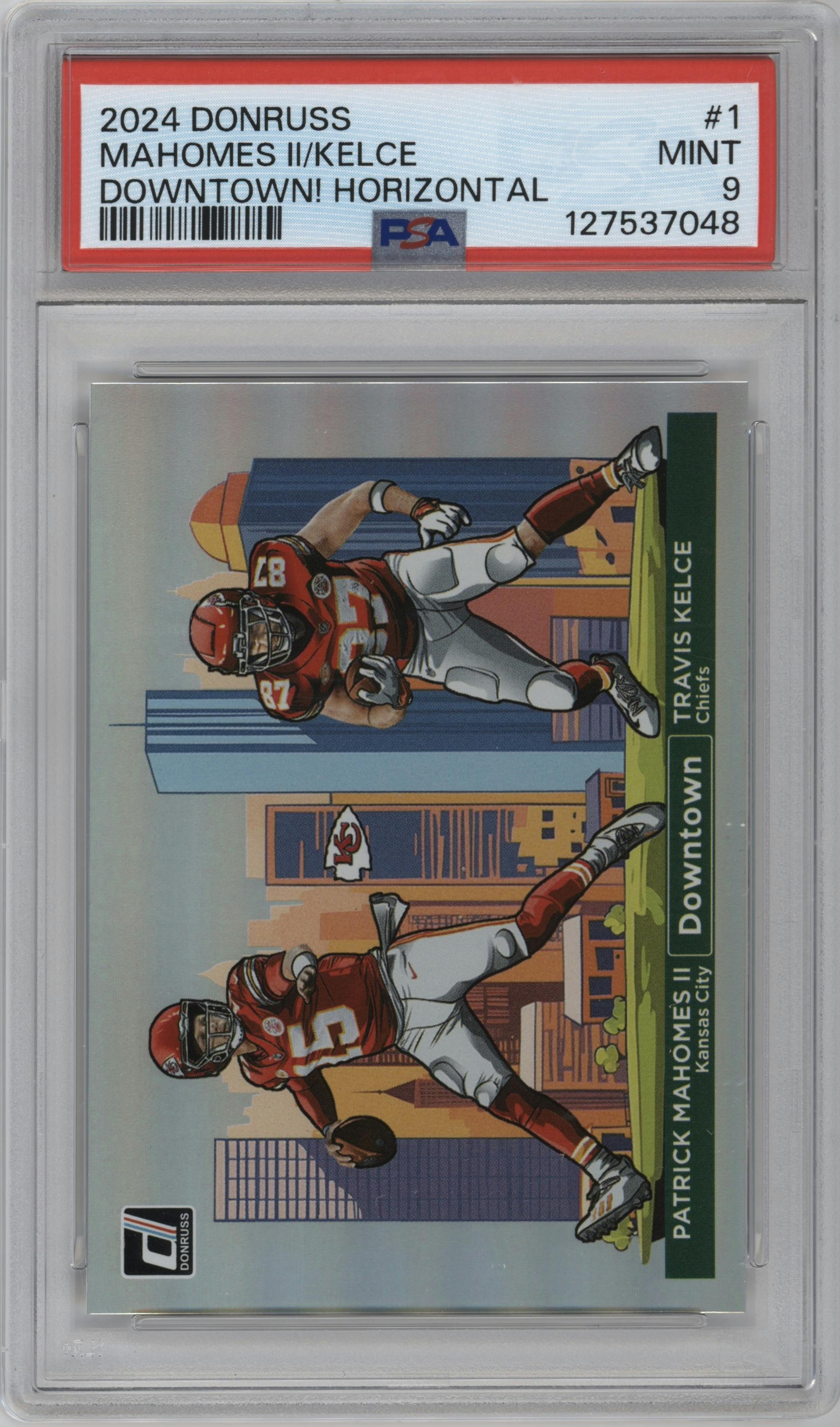 Patrick Mahomes II/Travis Kelce from the 2024 Donruss set graded by PSA and given an overall grade of 9.