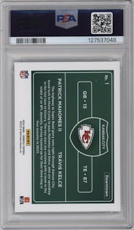 Patrick Mahomes II/Travis Kelce from the 2024 Donruss set graded by PSA and given an overall grade of 9.